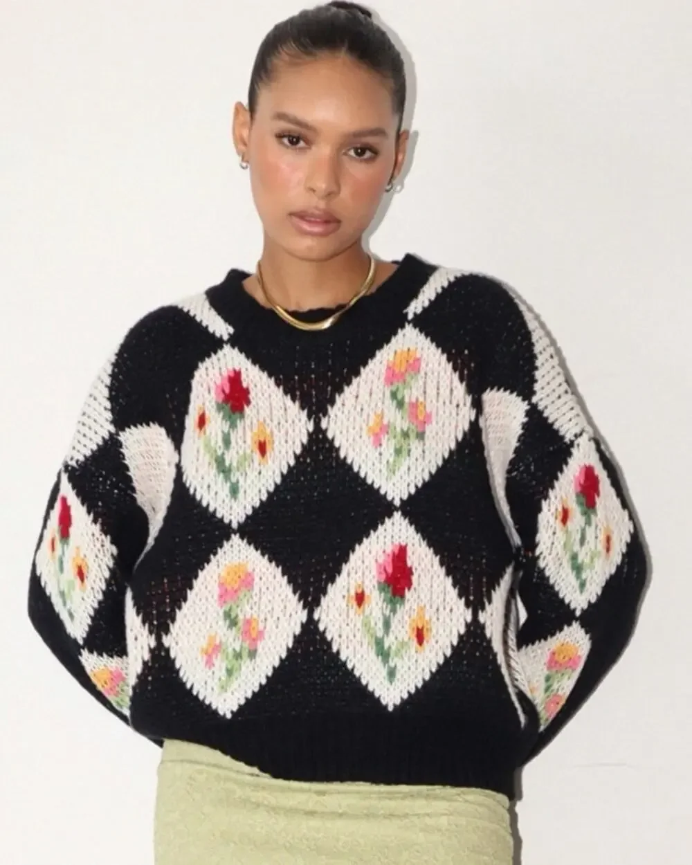 Klesis Argyle Floral Knit Sweater Navy White Diamond Pattern Pullover Small